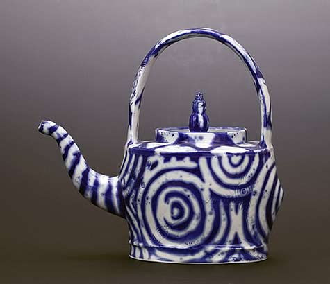 Liz-Quackenbush-blue-white-striped-teapot Liz-Quackenbush teapot with blue spirals on white