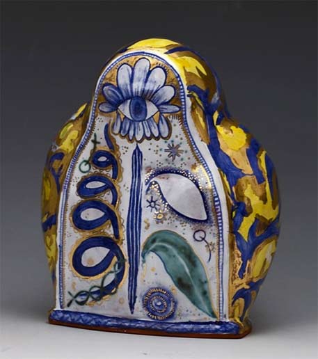 Liz-Quackenbush-pottery Liz-Quackenbush-2012 ceramic sculpture with snake and botanical motifs