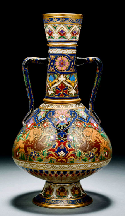 Lobmeyr-Persian-style-gilded-and-enamelled-two-handled-clear-glass-bottle-vase,-Vienna,-19th-20th-century Lobmeyr Persian-style gilded and enamelled two-handled clear glass bottle vase, Vienna, 19th-20th century