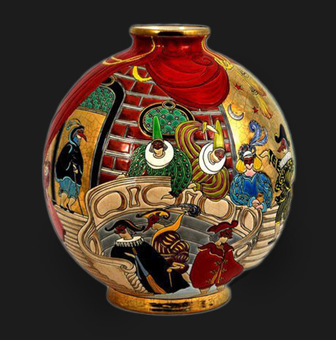 Longwy-France-ball-vase Longwy-France spherical vessel with theatrical decoration