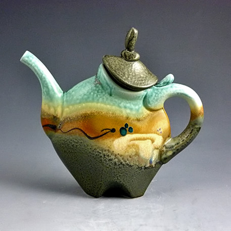 loren-lukens teapot-457x457 Loren-Lukens ceramic teapot with abstract glaze and form in olive, mustard and green