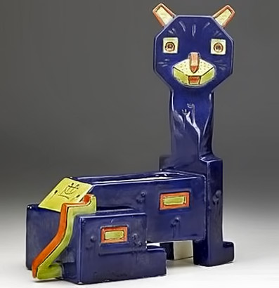 futurist-cat--planter-louis-wain-307x410 Futurist-Cat--planter--Signed-Louis-Wain--Futurist-Cat--stamped-Imperial-Amphora- Ceramic blue and yellow cat figure planter