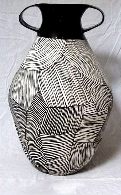 louise-gelderblom-twin-handled-vessel louise-gelderblom twin handled classical form pot with black/white striped patterns