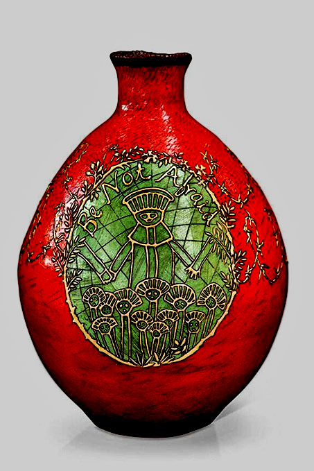 Lucinda-Mudge-Be-Not-Afraid-ceramic-h-48-cm Lucinda-Mudge-Be-Not-Afraid-ceramic-h-48-cm red vase green panel motif