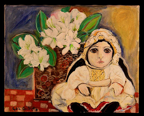 Lydia-Corbett-(1934-)-An-Unframed-Oil-on-Canvas-A-doll-and-lilies,-signed-Lydia-Corbett Lydia Corbett Unframed Oil on Canvas A doll and lilies, signed Lydia Corbett