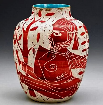 fantoni-sgraffito-vase-433x442 MARCELLO-FANTONI-Etruscan-ceramic-vase-with-sgraffito-decoration--the-interior-covered-in-blue-glaze red on white exterior