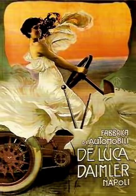 Mario-Borgoni-art-nouveau Art Nouveau poster of a woman in a white gown driving a vintage car