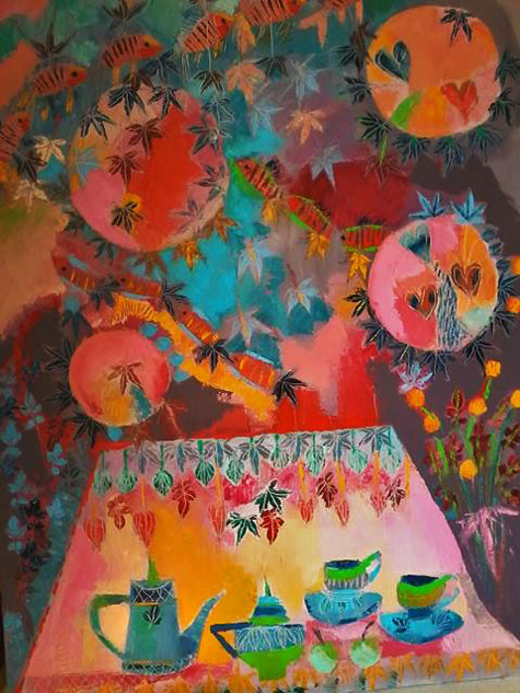 Marthe-Huigens-French-artist Marthe-Huigens--teapo, leaves and fish painting