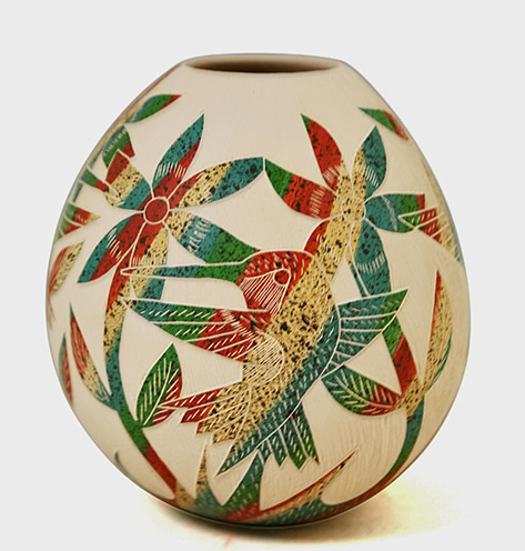 martin-olivas -quintana-hummingbirds-473x496 Mata Ortiz - Martin Olivas Quintana-Hummingbirds in red, yellow-green and white