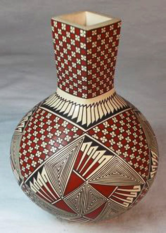 Blanca-Quezada-mata-ortiz-325x456 Mata Ortiz Pottery, tall-necked small pot by Blanca Quezada red-white and black
