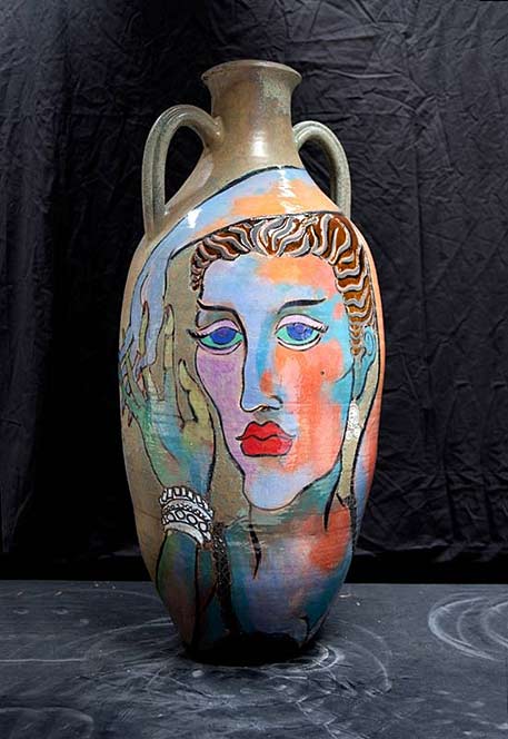 Mattie-Leeds-Hands--2011 Mattie-Leeds twin handled vase with a woman showing her hands