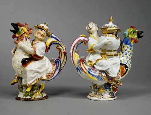 Meissen_Cruet_and_Mustard_Pot_2000 Meissen Cruet and Mustard Pot with male and female figures riding roosters