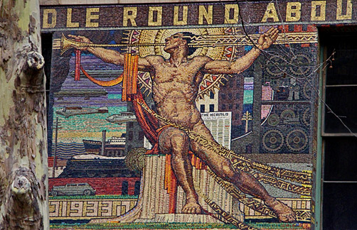 Melbourne-Mosaic-mural-1932 Melbourne-Collins-Street-Mosaic mural designed by Napier Waller in 1932.