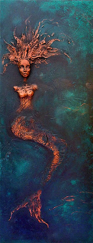 Mermaid-Inspirational-Wall-Sculpture-by-Dr-Franky-Dolan Mermaid Inspirational Wall Sculpture by Fae Factory Artist-Dr Franky Dolan-(clay relief canvas painting-Mixed-Media)
