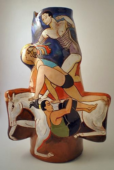 Michael-Kay-ceramic-vase Michael-Kay ceramic vessel with three athletic figures and a horse