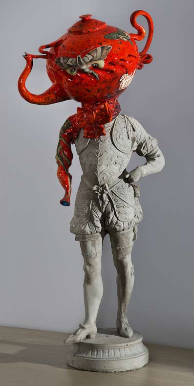 Michael-Lucero,-Conquistador-from-the-series-Reclamation,-1995,-wheel-thrown-earthenware,-glaze-and-cement Michael-Lucero,-Conquistador mas with a red teapot head