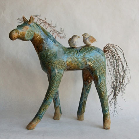 sculpture-Michelle-MacKenzie Michelle MacKenzie green horse and birds figurine