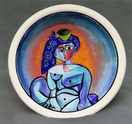 Miichael-Wein-porcelain raku platter Michael Wein - Picasso tribute porcelain platter - nude cubist woman