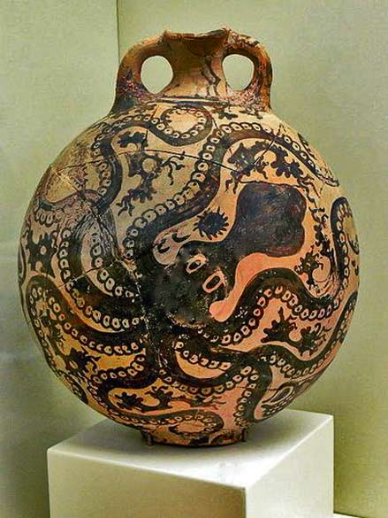 Minoan-clay-flask-octopus decoration Minoan-clay-bottle-showing-an-Octopus-(-1500-B.C.E.)-Archaeological-Museum-in-Herakleion