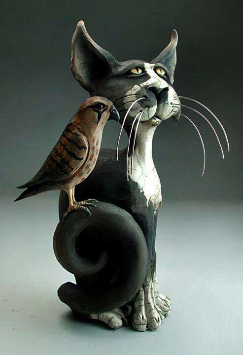 Mitchell-Grafton-cat-bird-sculpture Mitchell-Grafton---Grafton-Pottery---'Portrait-Of-A-Cat