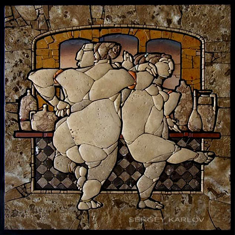 Morning of the new day--rock-mosaic-stone-mosaic Two abstract naked people mosaic - Sergey Kaarlov
