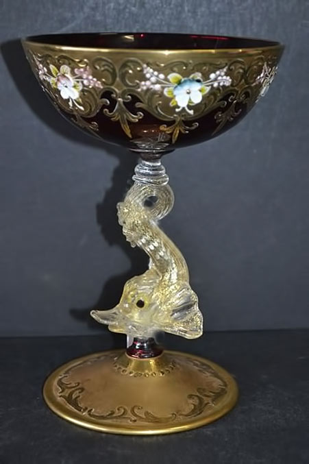 Murano-goblet-with-jewelled-bowl-and-dolphin-stem---Venetian Murano goblet with jewelled bowl and dolphin stem - Venetian