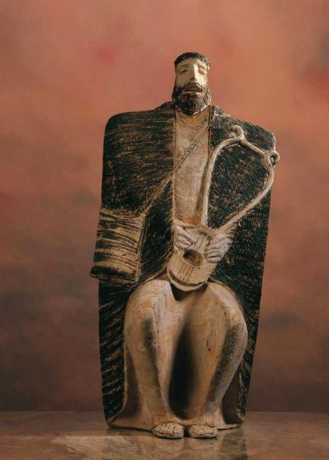 theodoros-papagiannis-terracotta-statue-475x664 Traditional sculpture of a Greek musician playing a Lyra by Theodoros Papagiannis