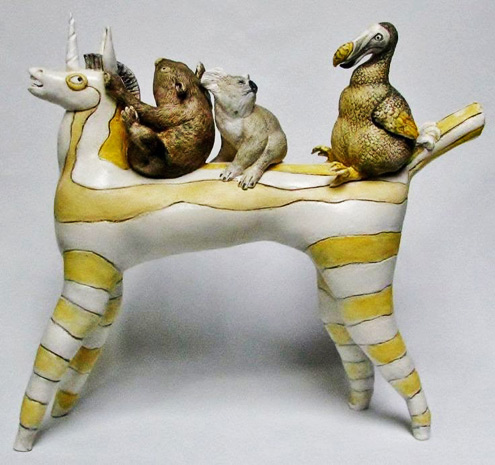 Sally-Hook-unicorn-wombat-koala-dodo-sculpture Myths, Memories, Moments in Time by Sally Hook - Unicorn carrying a wombat, koala and dodo sculpture