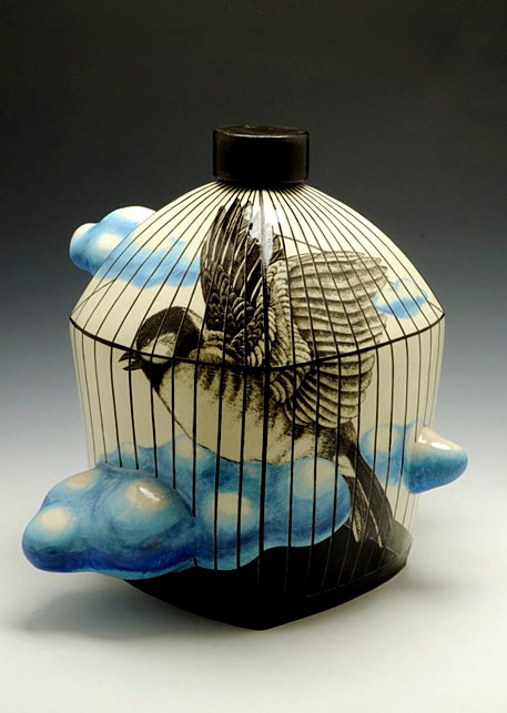 MyungJin-Kim,-Artist,-Cloud-Jar-(front),-2009-- MyungJin-Kim,-Artist,-Cloud-Jar-(front),-2009 with bird on blue cloud motif