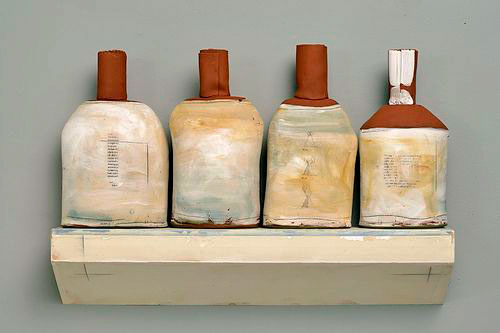 Nancy-Selvin-ceramic-artist Nancy-Selvin-four ceramic bottles on a shelf