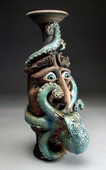Mitchell-Grafton-octopus-vase Octopus-Kissing-Face-JUG---Pottery---Raku---Folk-ART-Sculpture-BY-Mitchell-Grafton
