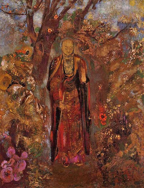 Odilon-Redon-buddha-in-garden Odilon-Redon-(1840-1916),-Bouda-marchand-à-travers-les-fleurs,1905,-huile-sur-toile.Collection-privée