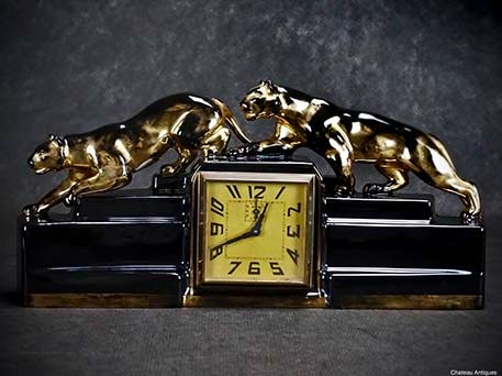 ODYV-French-Art-Deco-faience-Black-Panthers-clock-Chateau-Antiques ODYV-French-Art-Deco mantle clock with black panther figures
