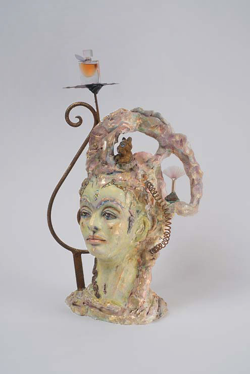 sculpture-fired-ceramic-perfume-bottle-metalbrush Once-Upon-a-Treble-Clef.Onceuponatrebleclef-afterFrida-2021-firedceramic-perfumebottlemetalbrush-17x9x9inches