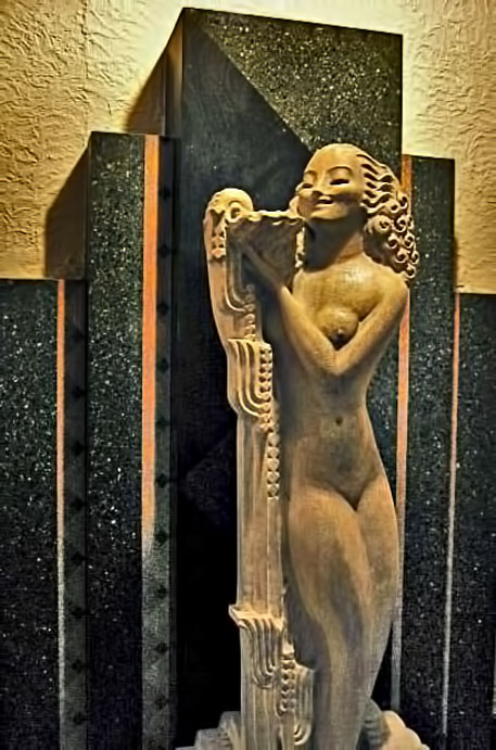 Pickwick-Theater-statue-and-fountain one-end-of-the-Pickwick-Theater-lobby-a-statue-and-fountain-named-Cleo-is-attributed-to-Ruth-Blackwell-of-the-Iannelli-studio