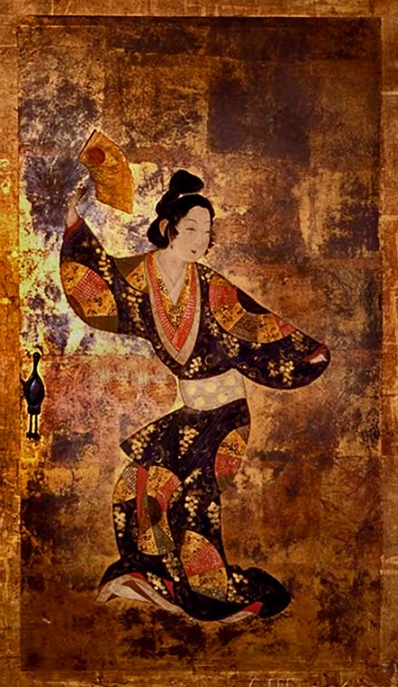 dancing-geisha-with-fan One-of-a-Pair-of-Sliding-Doors with geisha dancing painting