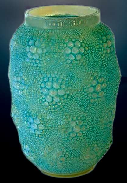 Lalique---Davos-glass-vase,-1932 original-Rene-Lalique---'Davos',-opalescent-art-glass-vase,-1932.-hot-glue-dots-with-dry-brush-paint-overlay,-then-spray-sealer