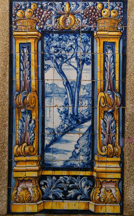 tiled-panel-portugal Painel-de-Azulejos---Leça-do-Balio - blue and white tiles with garden scene framed by columns