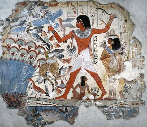 nebamun-bird-hunting-egypt-475x413 A painting from the tomb of Nebamun showing him standing on a reed boat hunting birds in the papyrus marshes using throwsticks and three decoy herons