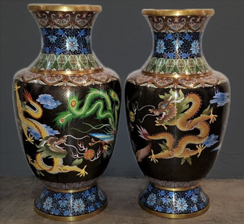-Cloisonné-Dragon-and-Phoenix-Vases Pair of Large Chinese Bronze Cloisonné Dragon and Phoenix Vases
