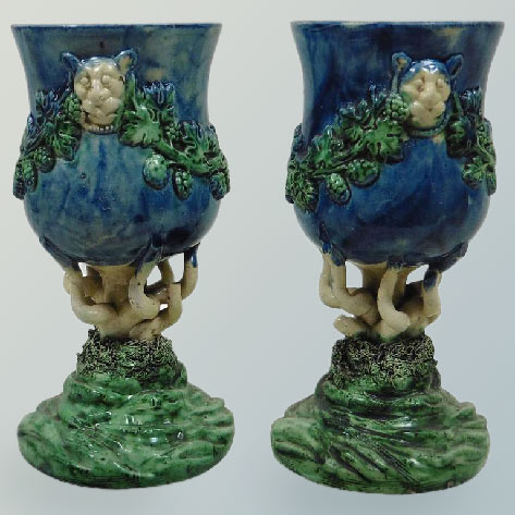Pair-of-Majolica-Palissy-Chalices-with-Grapes Pair of Majolica Palissy Chalices with Grapes