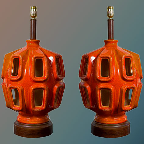 Pair-of-Midcentury-Lamps Pair-of-Midcentury-Lamps with orange glaze