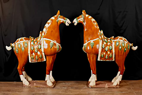 chinese-tang-porcelain-horses Pair Chinese Tang red, green and whiteporcelain horses