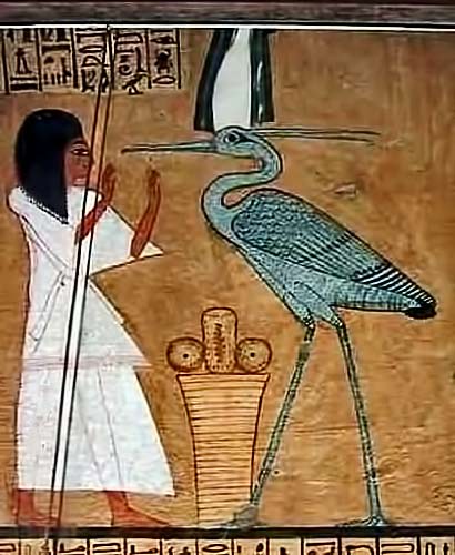 Papyrus-Painting-of-a-Benu-Bird-- Papyrus-Painting-of-a-Benu-Bird being worshiped in Egypt