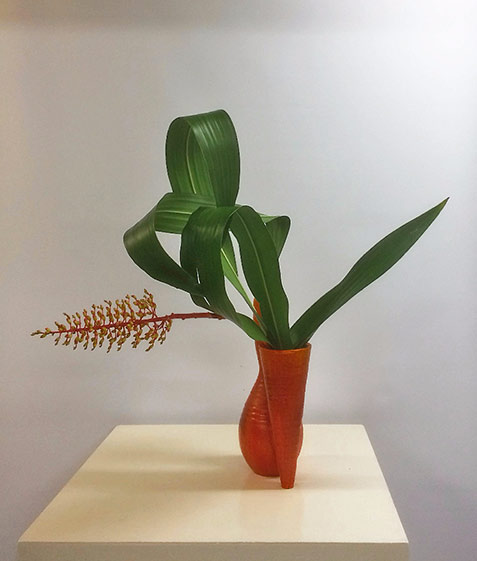 Pats-Ikebana-Bromeliad-and-leaves---2016 Pats-Ikebana-Bromeliad-and-leaves red vase---2016