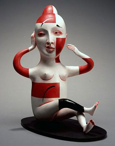 Patti-Warashina-sculpture Patti-Warashina Figure A Red, 2009 red and white geometric decorative pattern sculpture figure