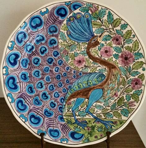 peacock-motif-plate-danielle-adjoubel ceramic art peacock-in-feathers-plate-danielle-adjoubel