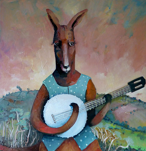 penny-lovelock-kangaroo-60x60cm-mixed-media Penny Lovelock-kangaroo playing banjo