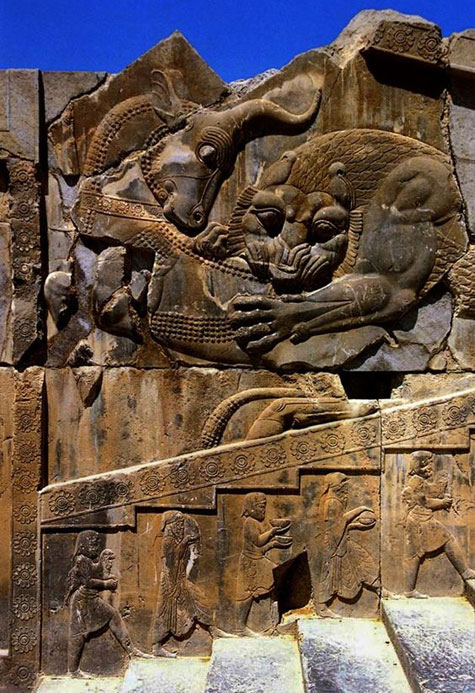 Persepolis-Citadel-wall-relief Persepolis-Citadel---Lion-Attacking-Bull-Relief