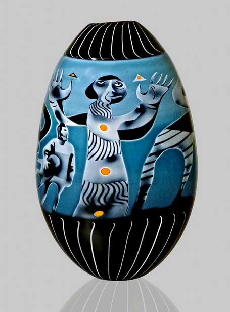 Peter-Hermansson-(Swedish),-Graal-Glass-Vase Peter-Hermansson-(Swedish),-Graal-Glass-Vase -- turquoise with abstract figures
